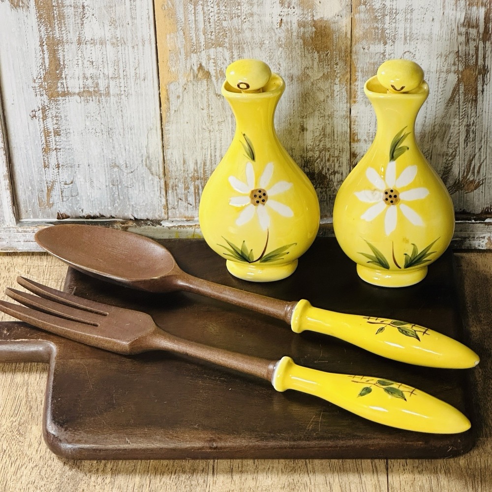 Vintage 70's Ceramic & Wood, Salad Spoon &Fork, Oil &Vinegar Cruet Yellow/Flower